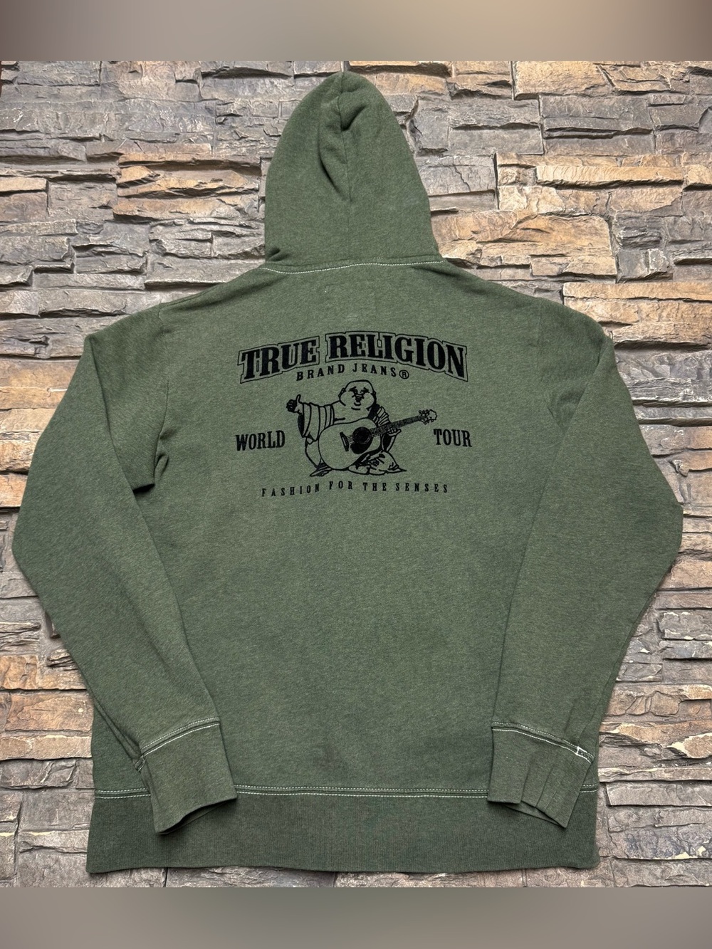 True Religion Logo Hoodie Sweatshirt Mens XL Olive Green Full Zip Fashion EUC